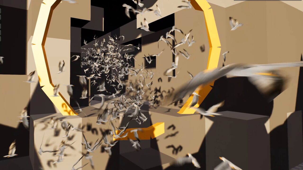 A flock of birds threads a series of rings above a forest using true 3D pathfinding