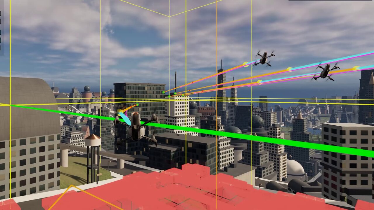 Drones and their planned routes drawn over a city open world in Unreal Engine 5