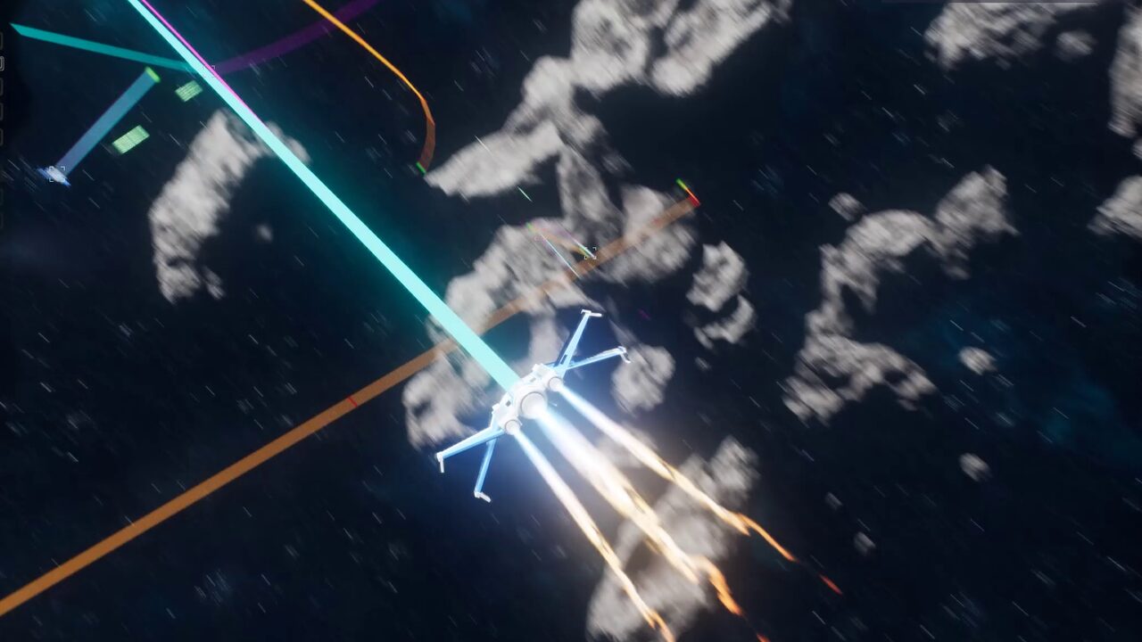 A fighter leads its target with laser fire between asteroids
