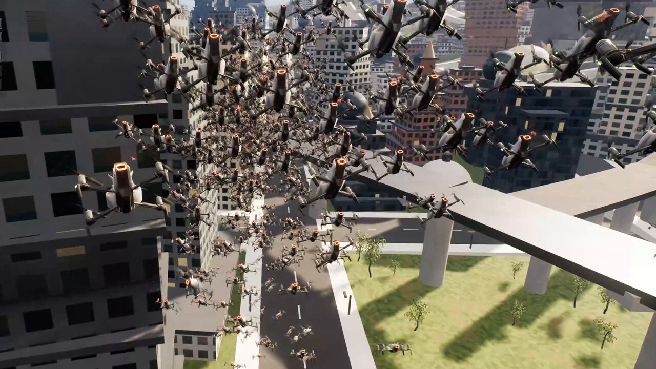 Close view of a Mass Entity drone swarm flying through a city in Unreal Engine 5