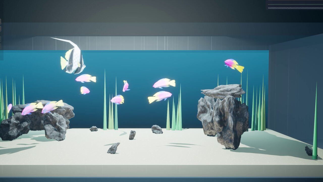 A 120 cm aquarium navigated at 1 cm voxels, with small fish swimming through a rock arch
