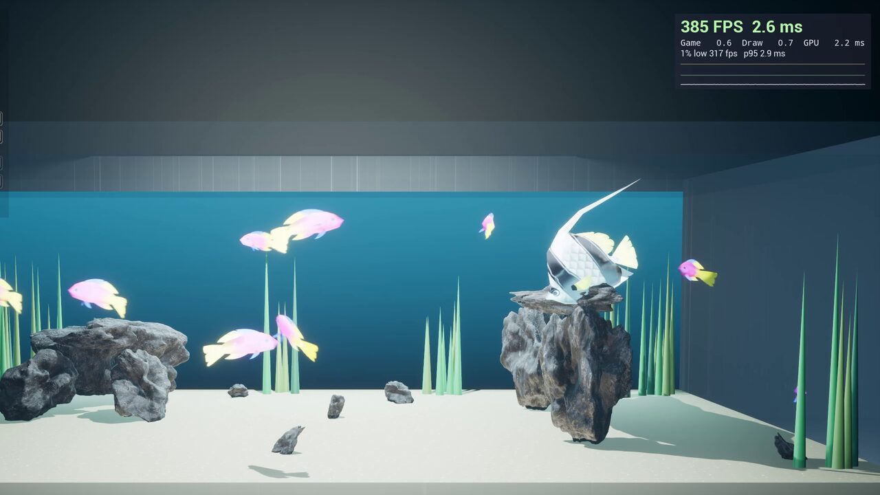 The 1 cm fish tank running in real time in Unreal Engine 5, with the frame-rate counter in view
