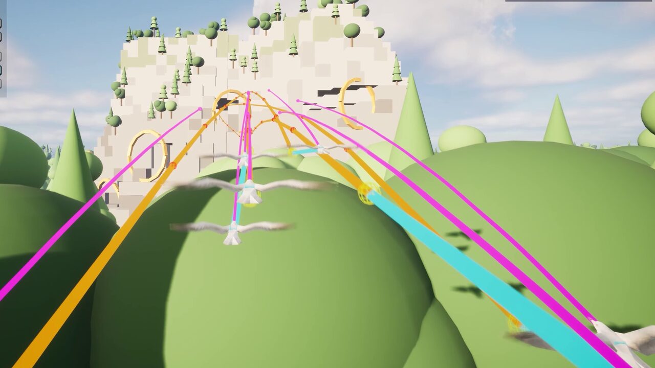 Flight routes over a forest canopy towards a rocky massif in the Forest open world