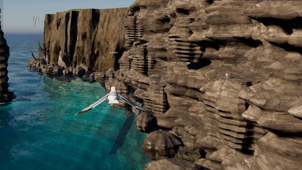 A seagull glides along sea cliffs in the Sea Cliffs demo of LCM 3D Navigation AI