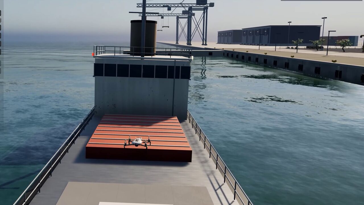 A courier drone descends and lands on the deck of a moving, rolling ship in the Harbour demo