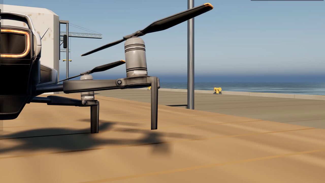 Close-up of a quadcopter drone hovering over the harbour quay in Unreal Engine 5