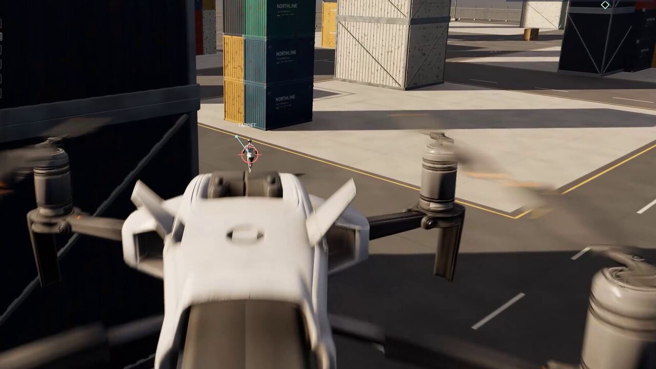 Close-up of the Hunter Drone with its glowing sensor eye in the LCM 3D Navigation AI demo