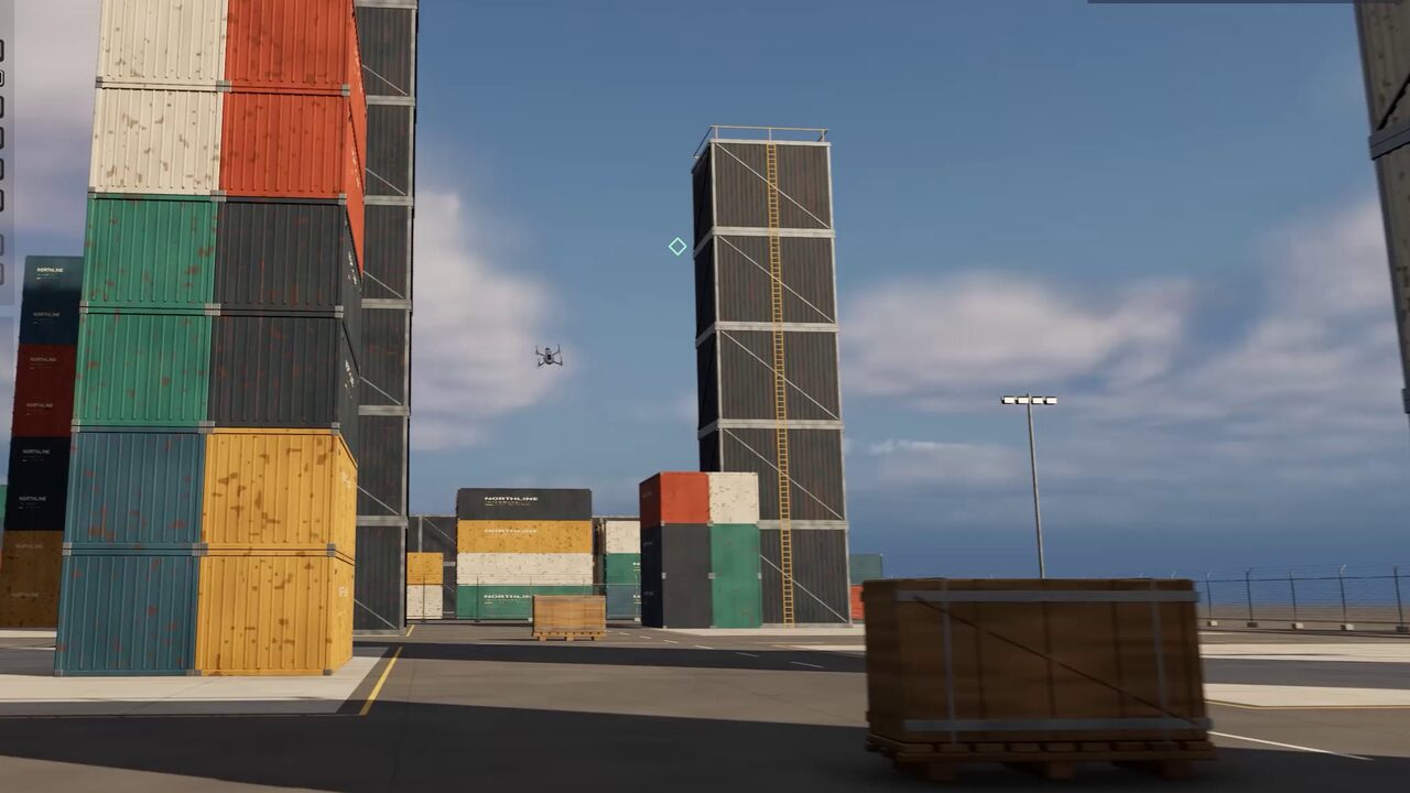 Hunter drones weave between shipping container stacks while chasing a runner