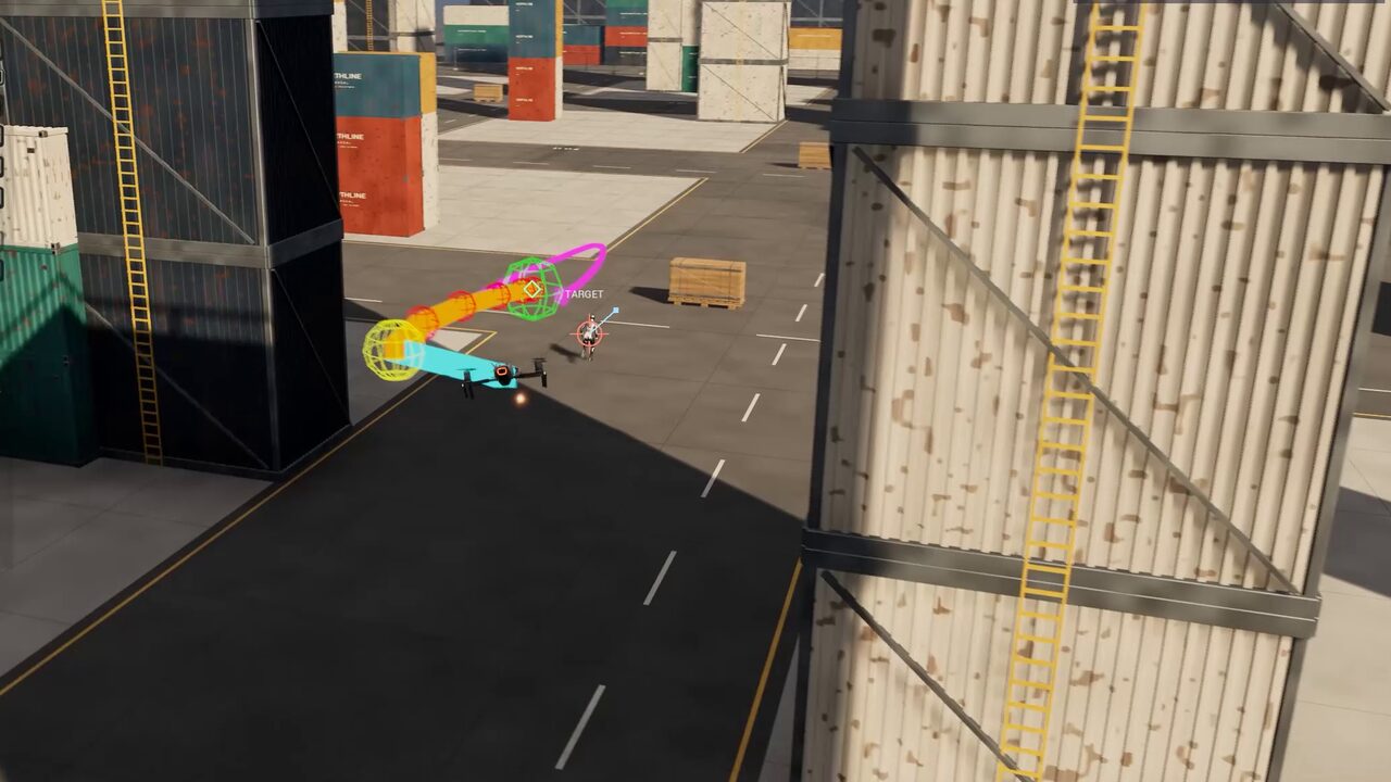 A hunter drone flies its engagement path around a container stack in Unreal Engine 5