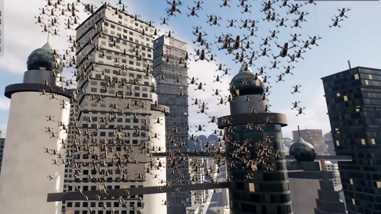 A drone swarm sweeping over a city skyline, driven by a shared 3D flow field