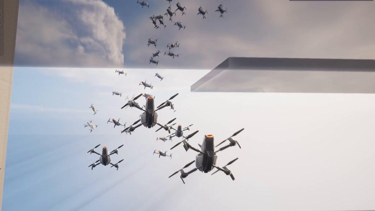 A crowd of drones rising floor by floor through a skyscraper in Unreal Engine 5