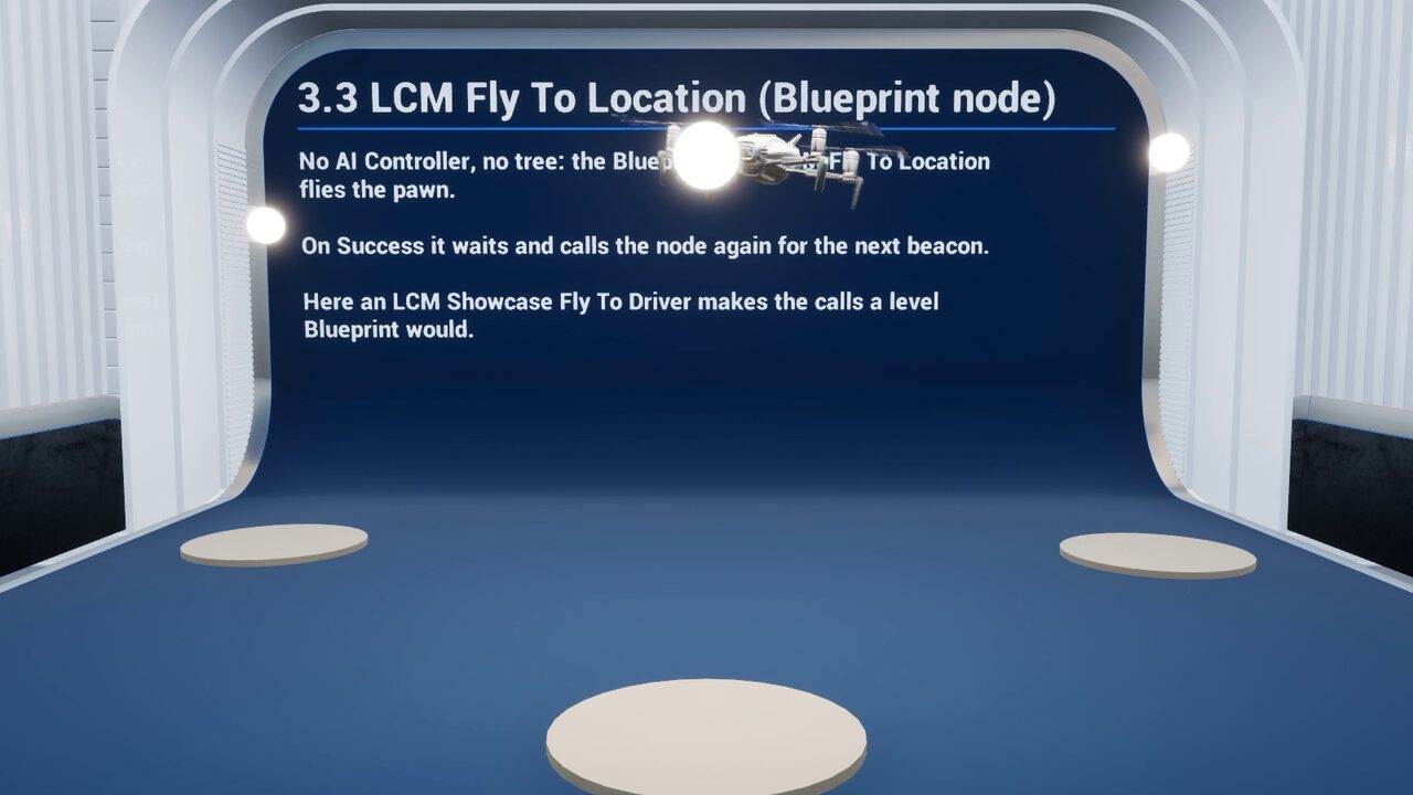 The Fly To Location Blueprint node demonstrated in the Movement Nodes Feature Examples level