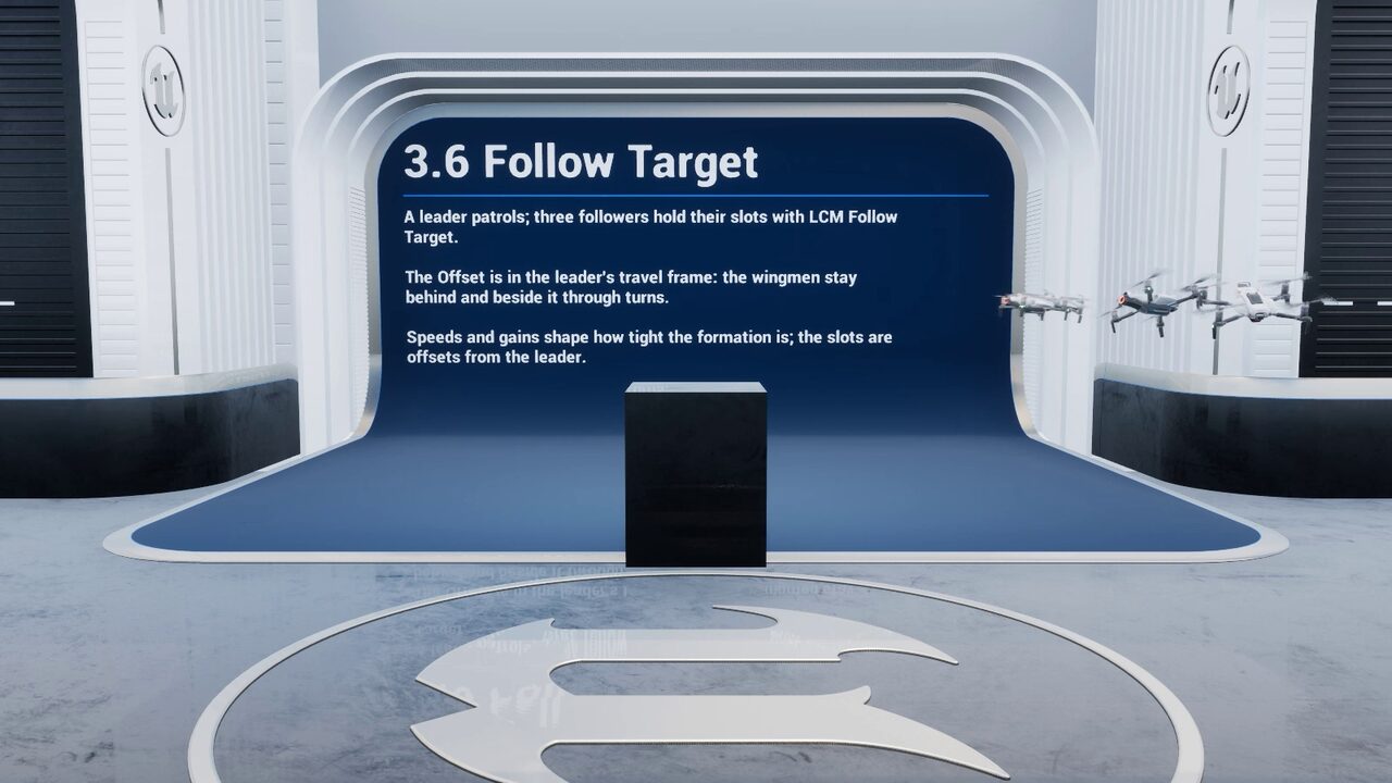 Three follower drones hold formation slots behind a leader with the Follow Target task