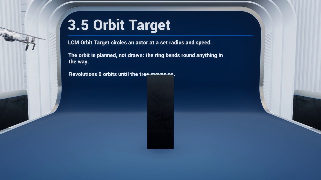 A drone circles a pillar with the Orbit Target task