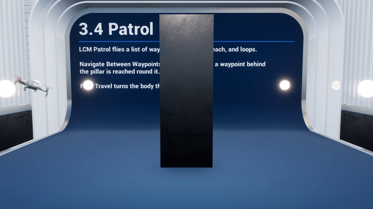A drone runs the Patrol task between waypoints in the Feature Examples hall