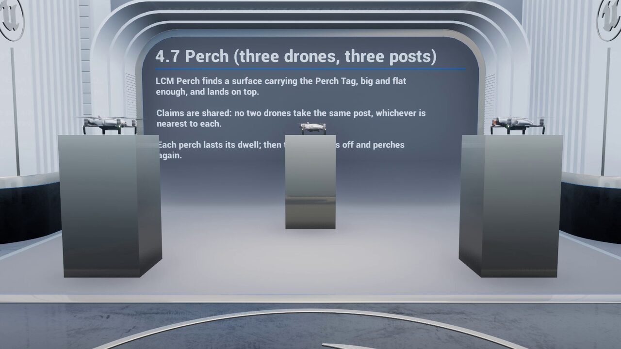 Three drones land on three posts with the Perch node, never on the same one