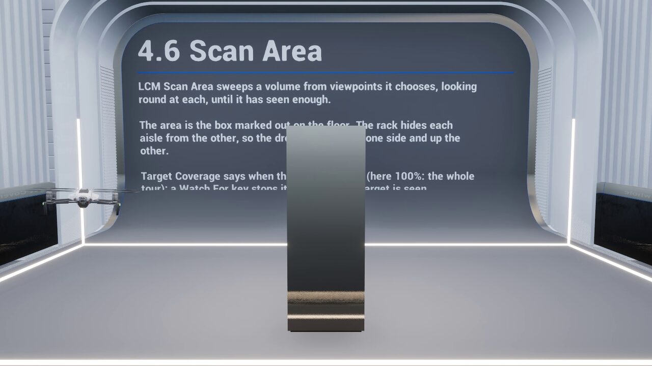 Drones sweep a volume with the Scan Area behaviour node