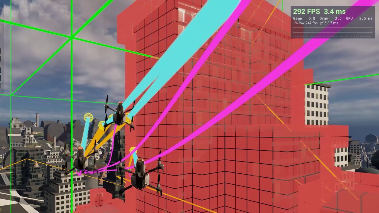 The streamed octree and agent routes over the city, with chunk boundaries visible