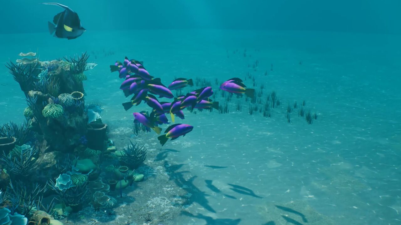 A large school of fish turning together above the reef in Unreal Engine 5