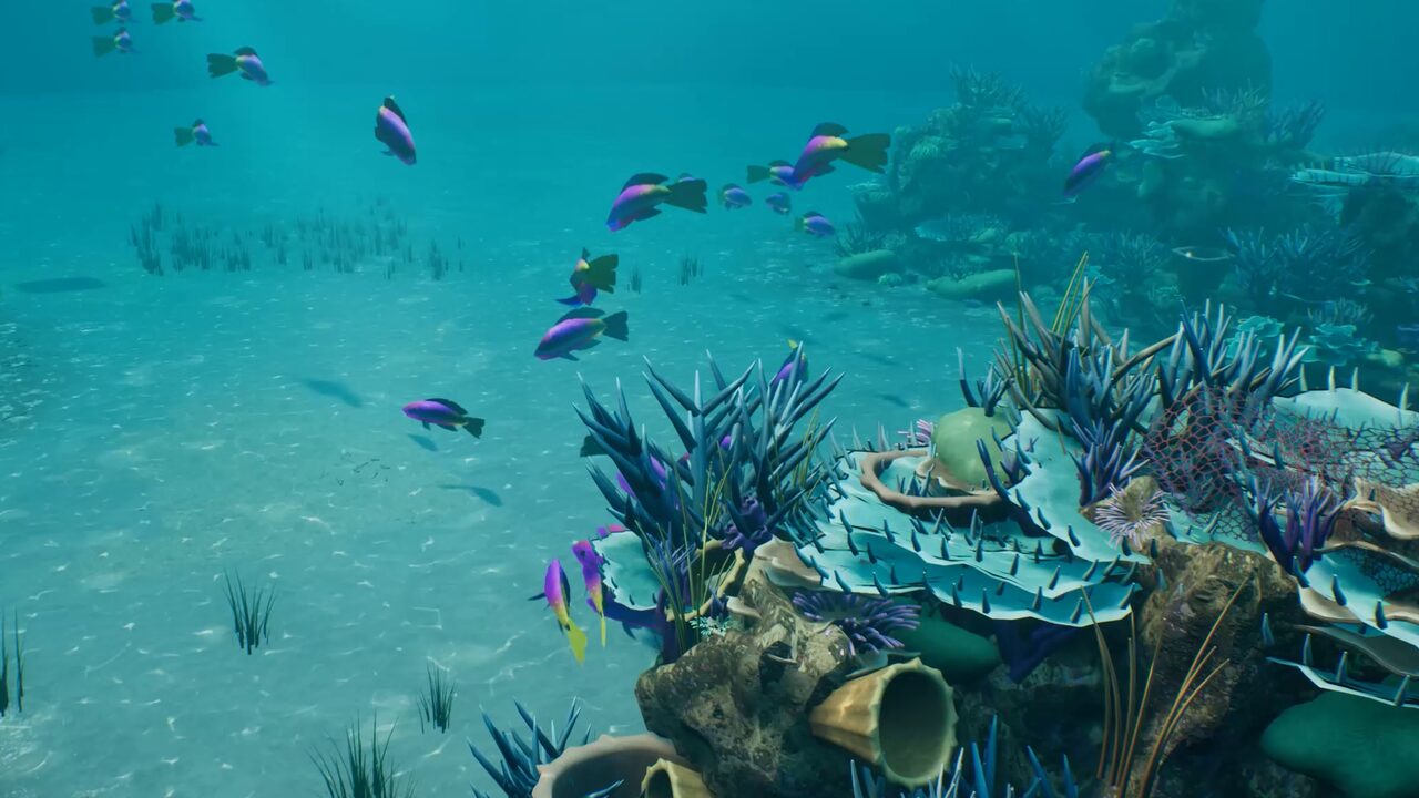A Mass Entity school of fish streams over the coral, parting round the pinnacles