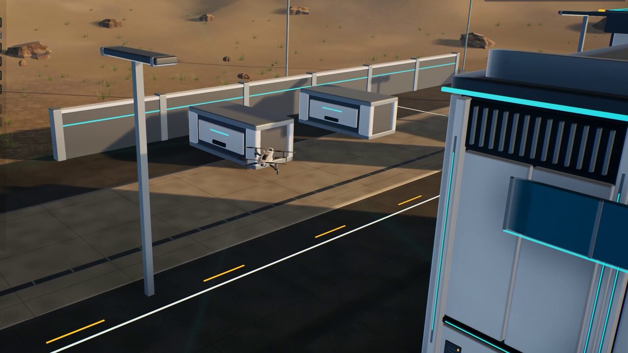 Sentry drones patrol a depot with the navigation octree and AI Perception sight cones drawn