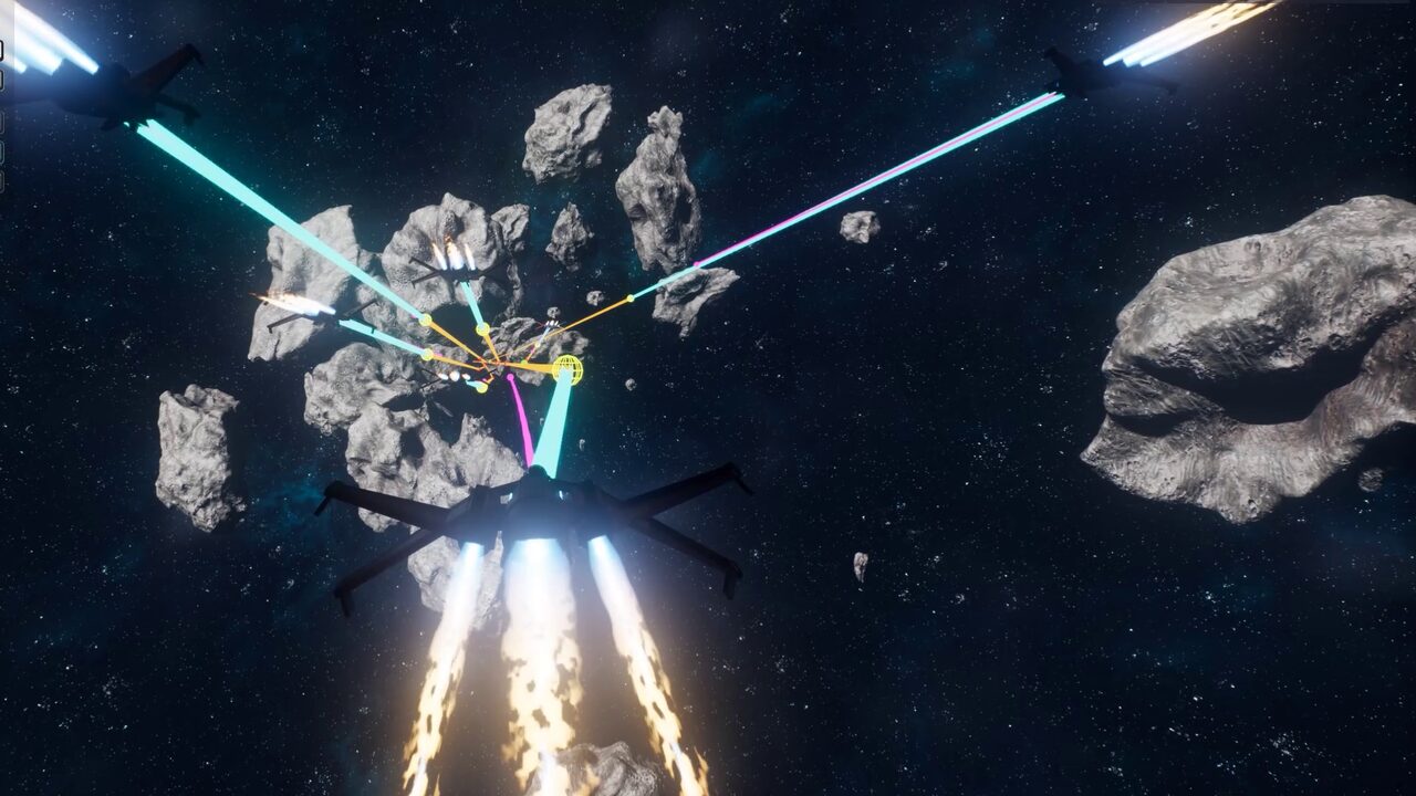 A fleet of ships flies through a drifting asteroid field in the Deep Space open world