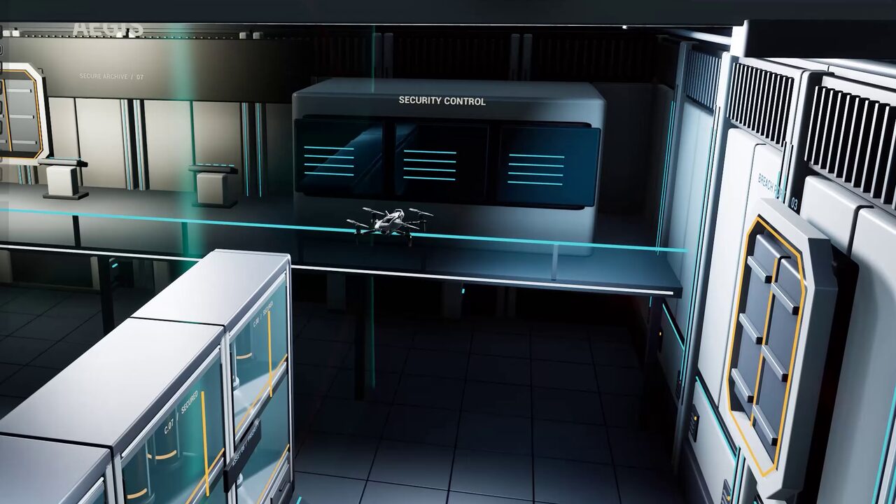 A drone crosses the archive hall of the warehouse demo level