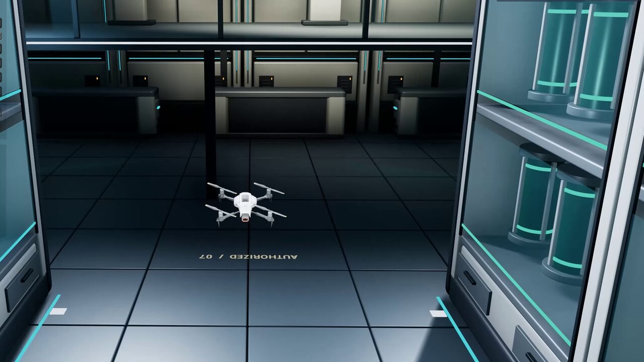 A security drone flies the length of a warehouse aisle between tall racking